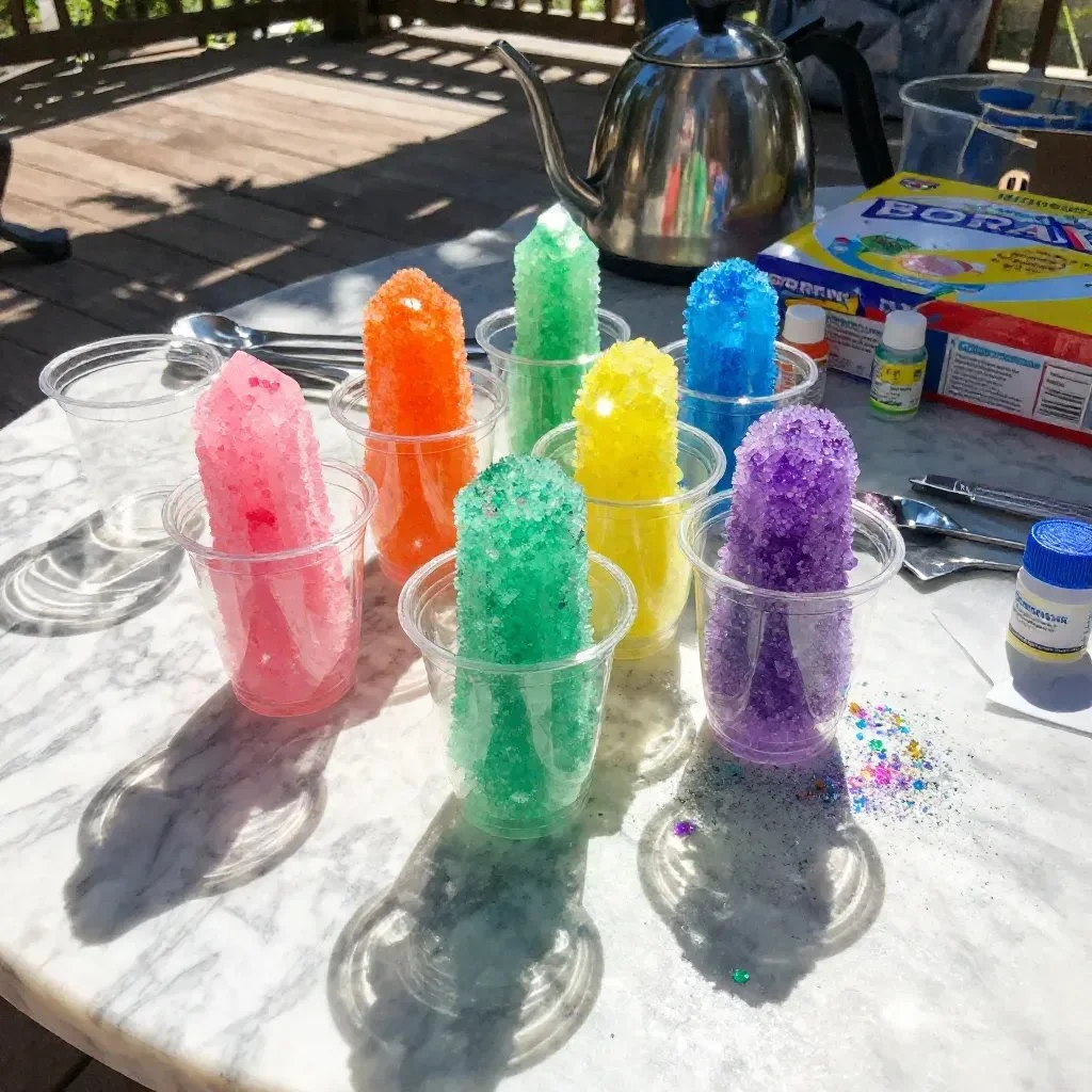 Colorful rainbow crystals glowing overnight in a cozy setting