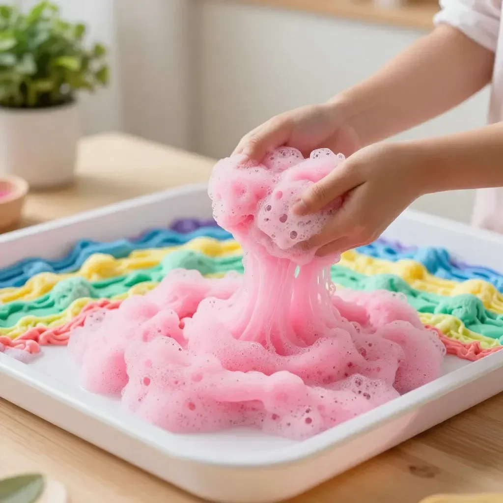 Children enjoying colorful bubble foam sensory play activity.