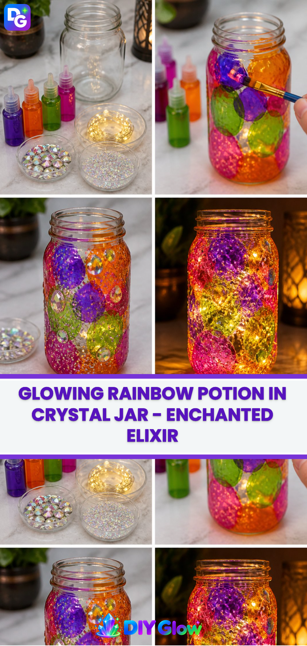 Glowing Rainbow Potion in Crystal Jar - Enchanted Elixir