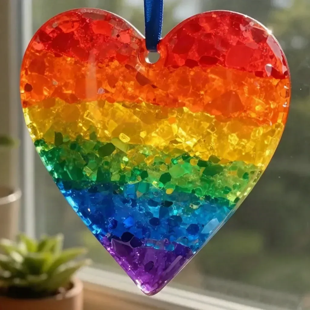 Melted crayon borax pipe cleaner rainbow heart suncatcher hanging in sunlight.