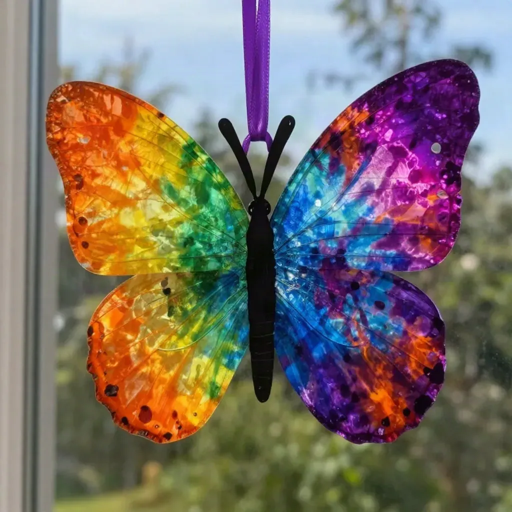 Melted Crayon Rainbow Butterfly Suncatcher