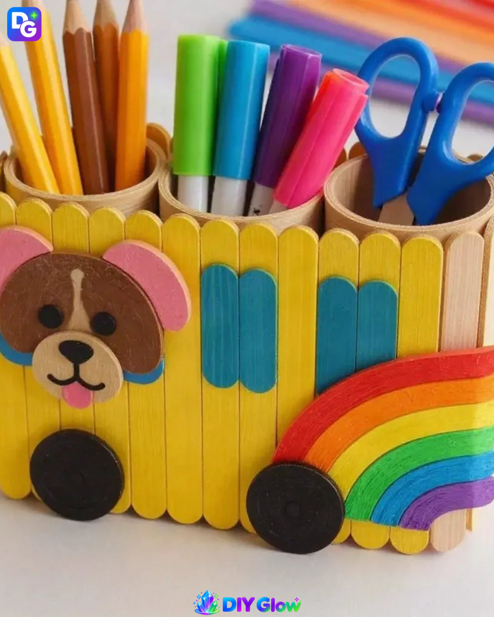 Popsicle-Stick Organizer: Rainbow Puppy School Bus Craft for Kids