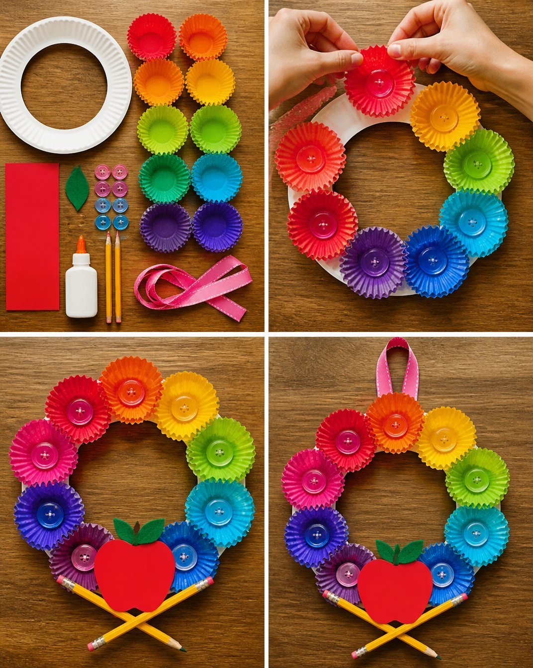 Rainbow Apple Cupcake-Liner Flower Wreath For Kids