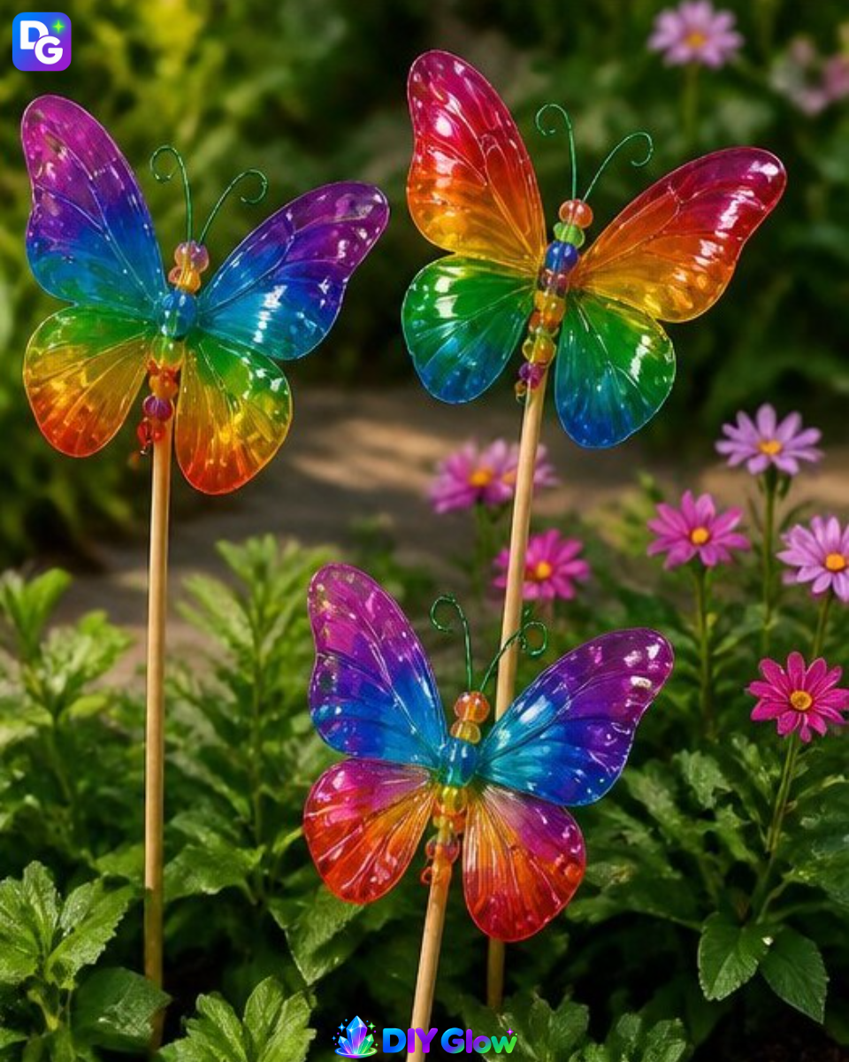 Rainbow Butterfly Stakes Made from Recycled Bottles
