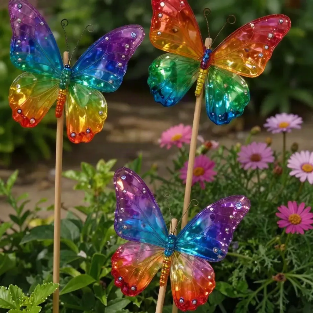 Rainbow Butterfly Stakes Made from Recycled Bottles
