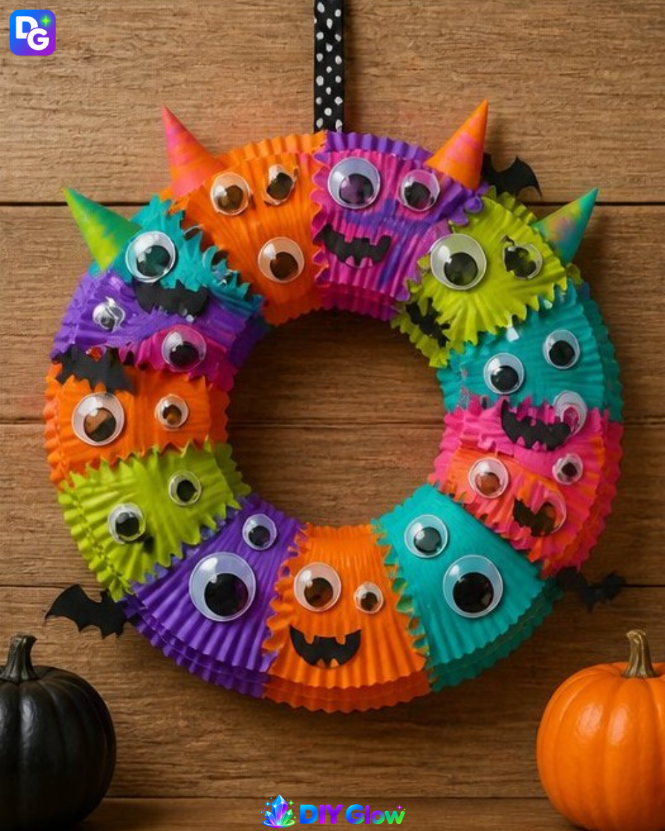 Rainbow Cupcake-Liner Halloween Monster Wreath