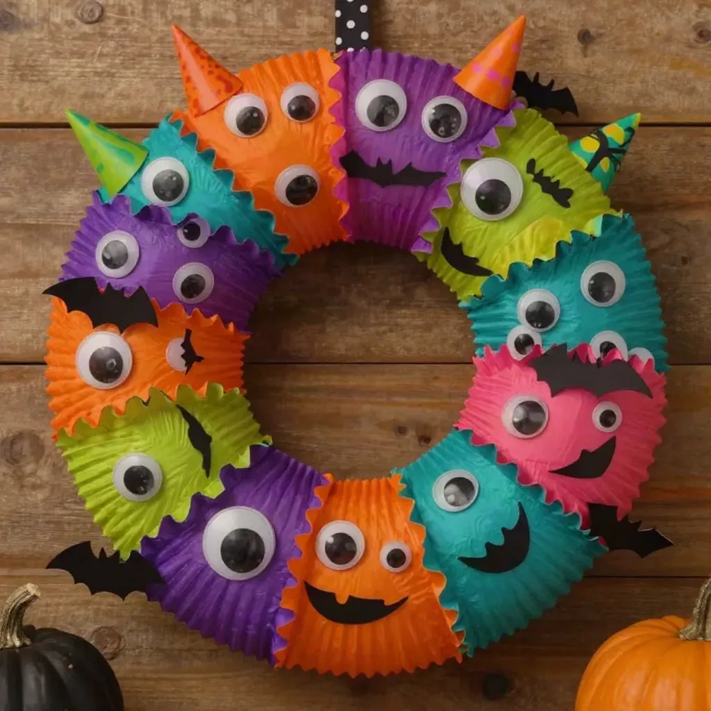 Rainbow Cupcake-Liner Halloween Monster Wreath