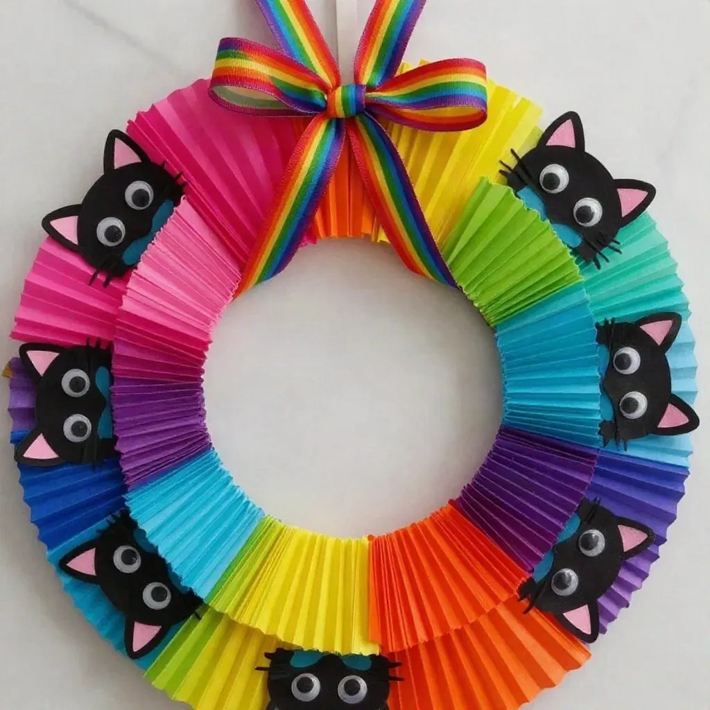 Rainbow Kitten Cupcake-Liner Wreath For Halloween Kids Craft