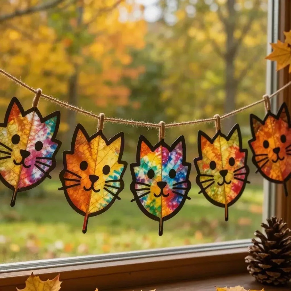 Rainbow Kitten Fall Leaf Suncatcher Garland