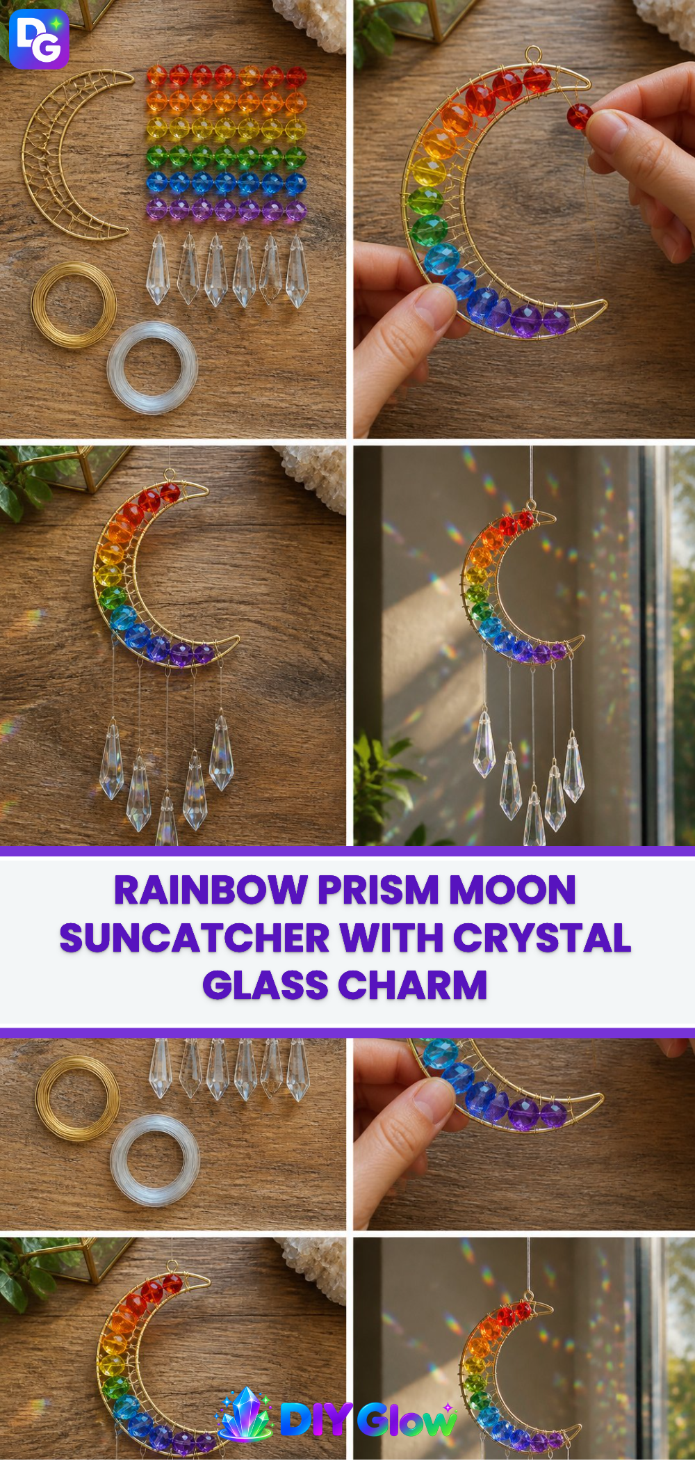 Rainbow Prism Moon Suncatcher with Crystal Glass Charm